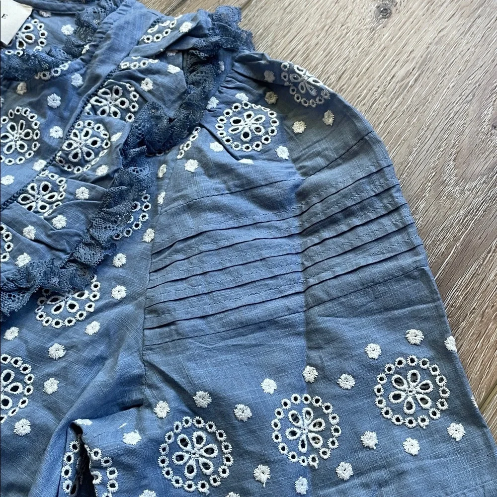 Sezane Nele embroidered vintage ruffle blue cropped shirt. NWT!! - Picture 8 of 16